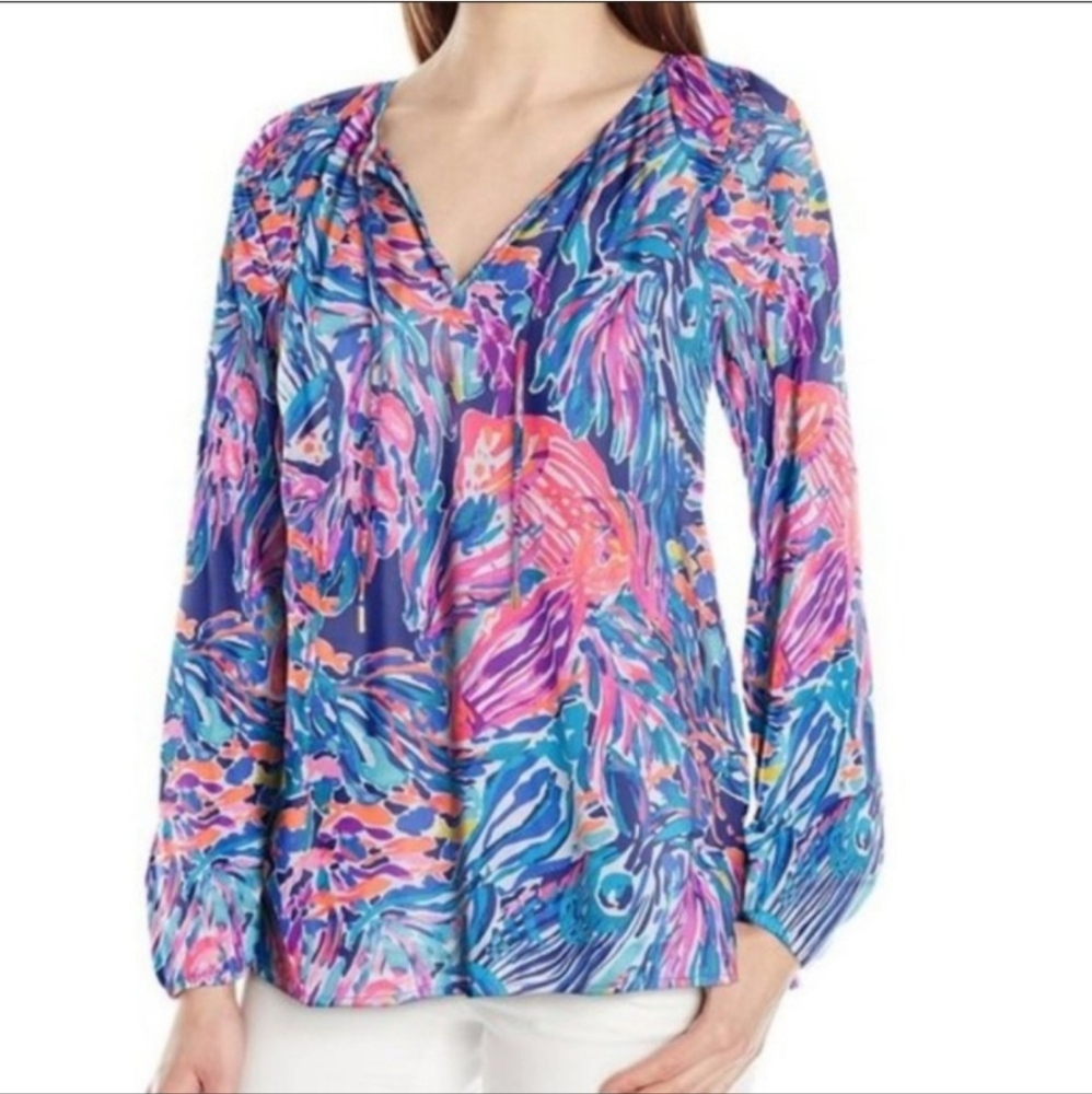 Lilly Pulitzer Willa Long Sleeve Tunic Top In True Blue Seas The Day - XL